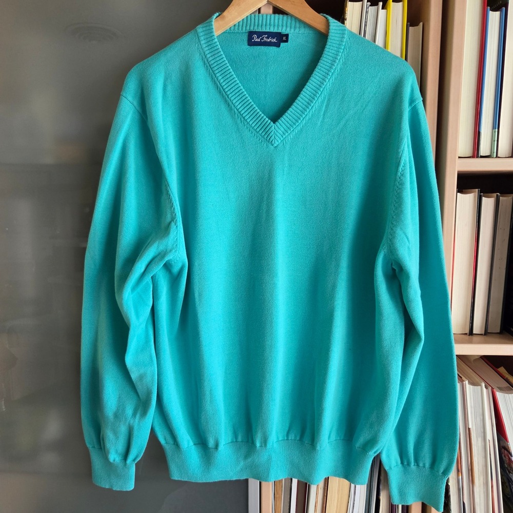 Paul Fredrick Mens XL Turquoise Teal 100% Pima Cotton V-Neck Sweater Fine Knit